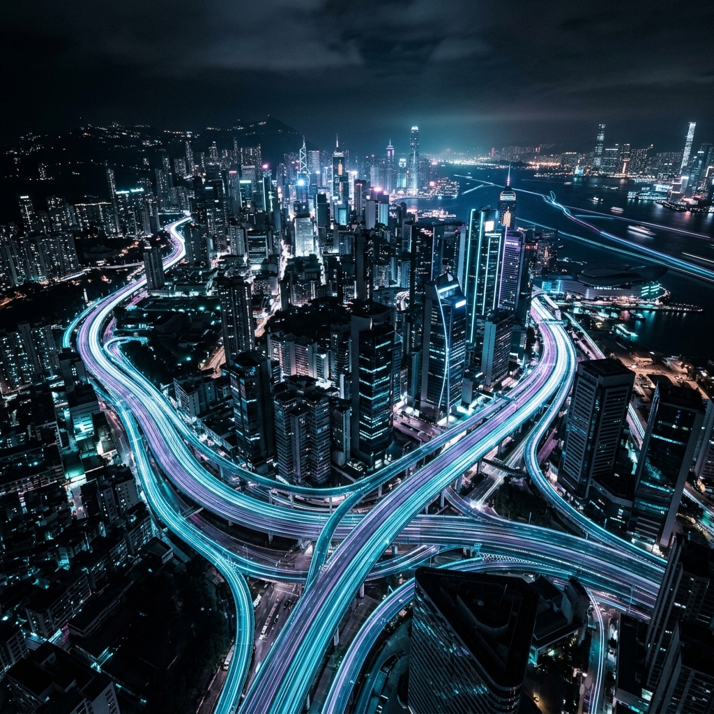 Cinematic long-exposure shot of a glowing futuristic metropolis representing momentum and scale